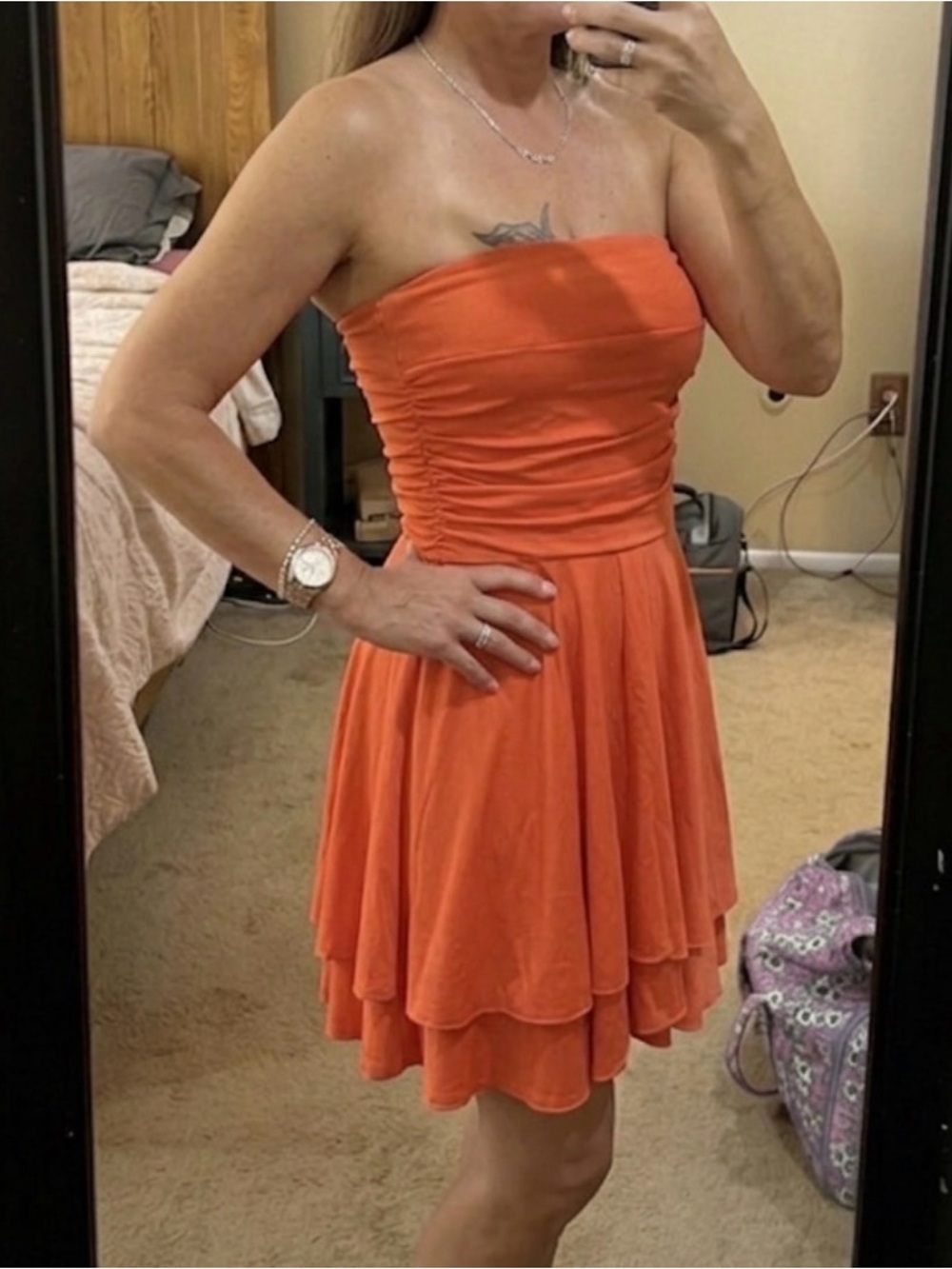 SHEIN Orange Strapless Ruched Layered Dress
